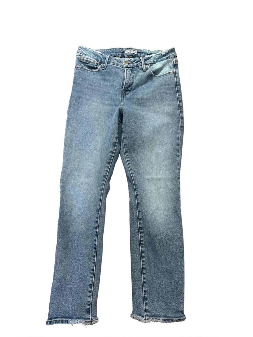 Good American light-wash high-rise straight leg jeans with frayed ankle 
Sz 8/29